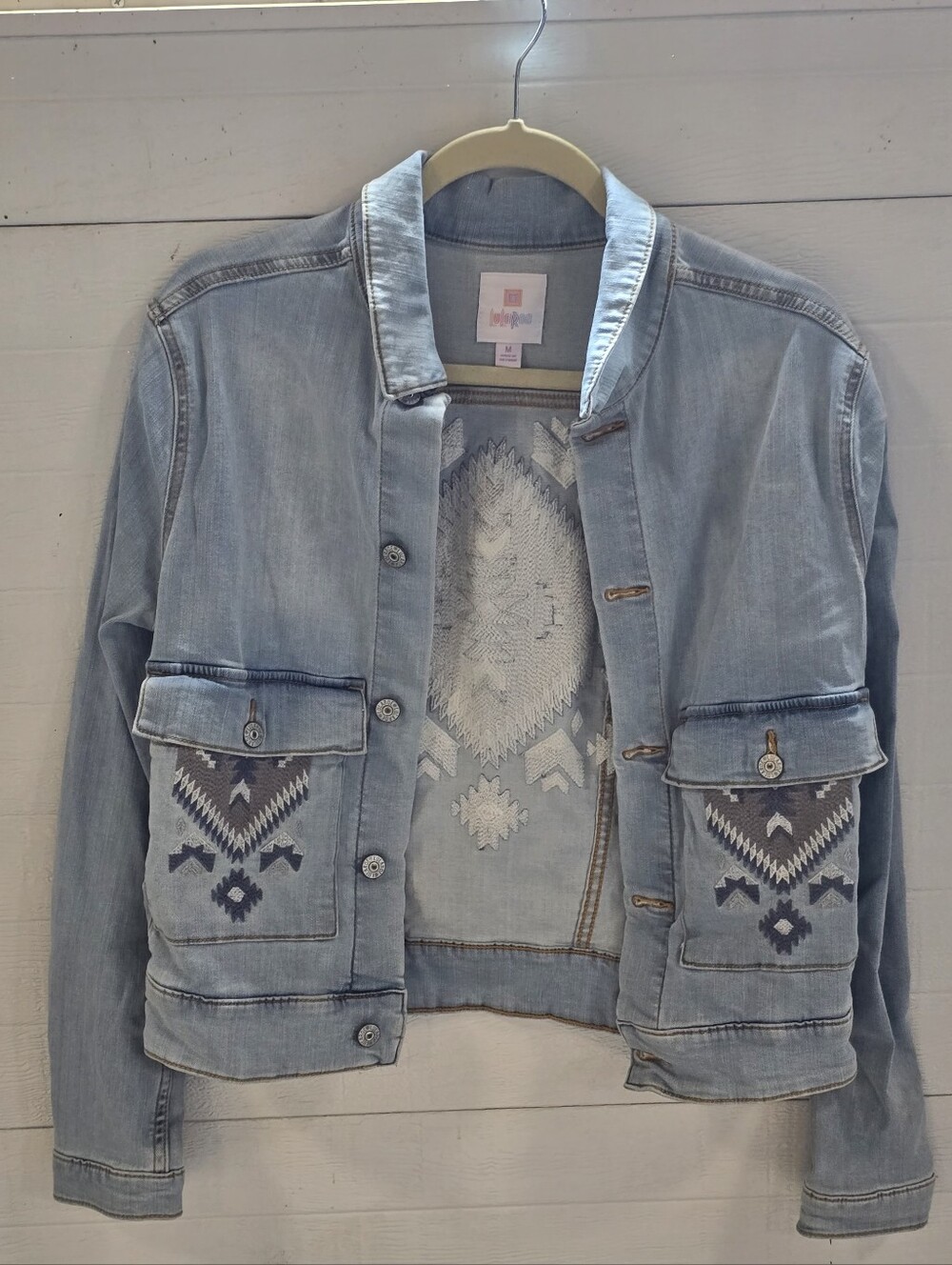 Lularoe Kenny Light Blue Aztec Embroidered Denim Jacket - Women M